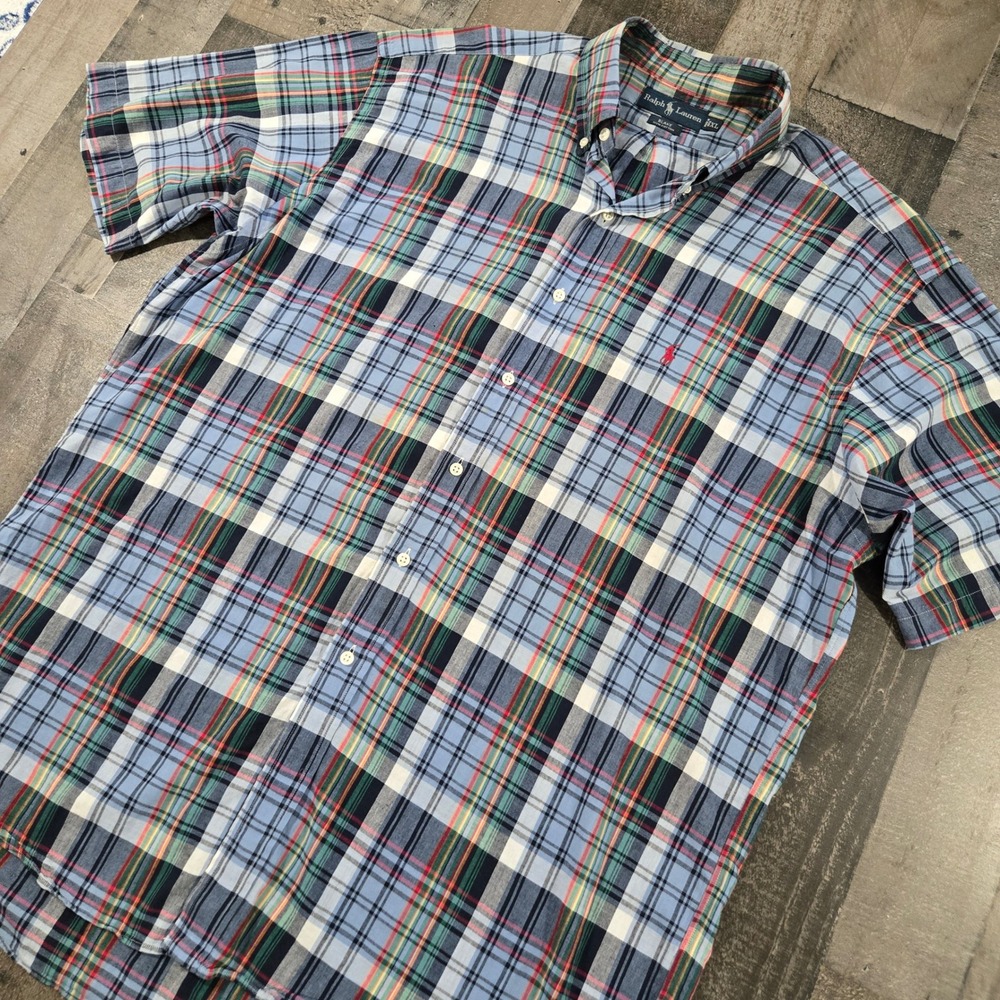 VTG Ralph Lauren Blake Madras Plaid Short Sleeve Shirt 2XL Blue Red Pony 90s